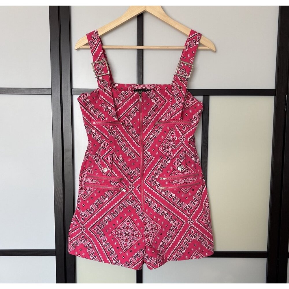 Y2K Like An Angel Romper Bandana Print Pink Front Zipper Womens XL Festival Boho